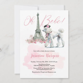 Roze Poodle Parijs  Baby Shower Uitnodiging