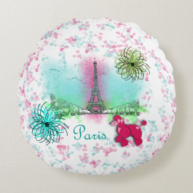 Roze poodle Paris Eiffel Tower Rond Kussen (Voorkant)