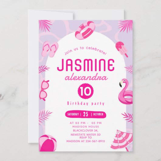 Roze Pool Party bewerkbare verjaardagsuitnodiging Kaart (Voorkant)