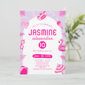 Roze Pool Party bewerkbare verjaardagsuitnodiging Kaart (Staand voorkant)