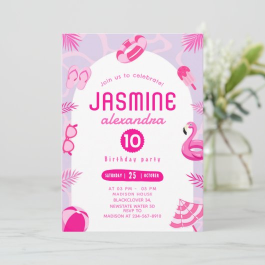 Roze Pool Party bewerkbare verjaardagsuitnodiging Kaart (Staand voorkant)