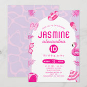 Roze Pool Party bewerkbare verjaardagsuitnodiging Kaart (Voorkant / Achterkant)