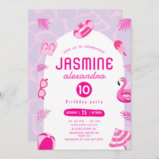 Roze Pool Party bewerkbare verjaardagsuitnodiging Kaart (Voorkant / Achterkant)