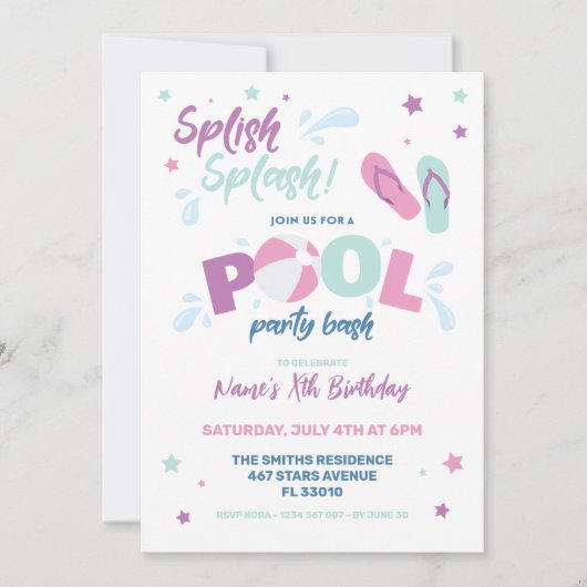 Roze Pool Party uitnodiging (Voorkant)