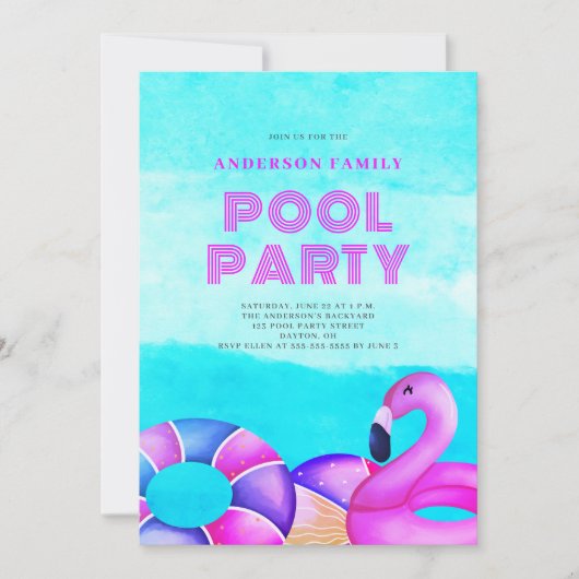 Roze Pool Party uitnodiging (Voorkant)