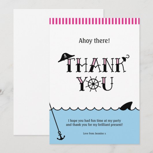 Roze pool Pirate Party Dank je wel briefkaart (Voorkant / Achterkant)