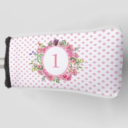 Roze pooldots en bloemen Hoesje Golfheadcover (Voorkant)