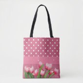 Roze pooldots en tulpen, ontwerp tote bag (Voorkant)