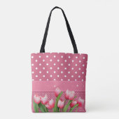 Roze pooldots en tulpen, ontwerp tote bag (Achterkant)