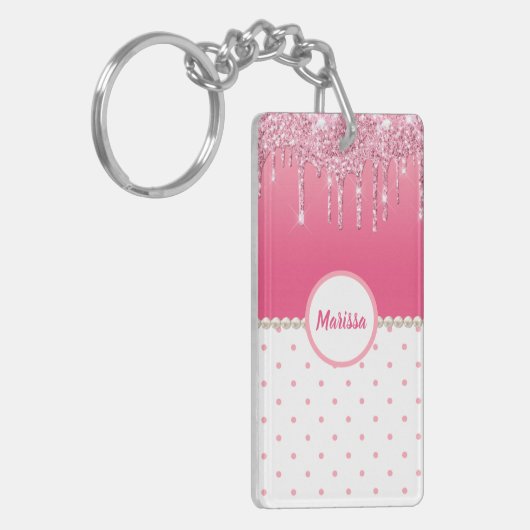 Roze pooldots en zilverglitter op maat sleutelhanger (Voorkant Links)