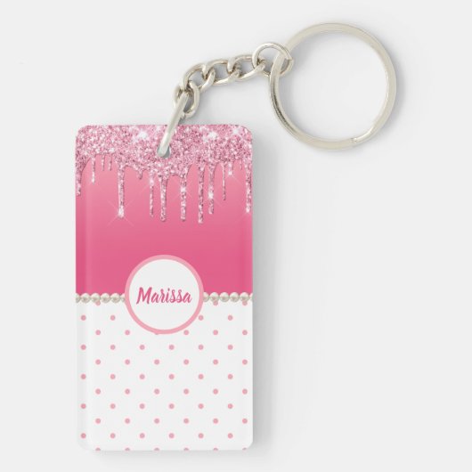 Roze pooldots en zilverglitter op maat sleutelhanger (achterkant)