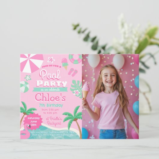 Roze poolpartij Birthday Kaart (Staand voorkant)