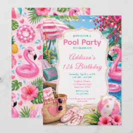 Roze Poolparty Meisjes Verjaardag Kaart