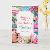 Roze Poolparty Meisjes Verjaardag Kaart (Gele Bloem)