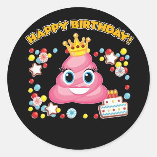 Roze Poop Emoji Happy Birthday Girls Ronde Sticker (Voorkant)