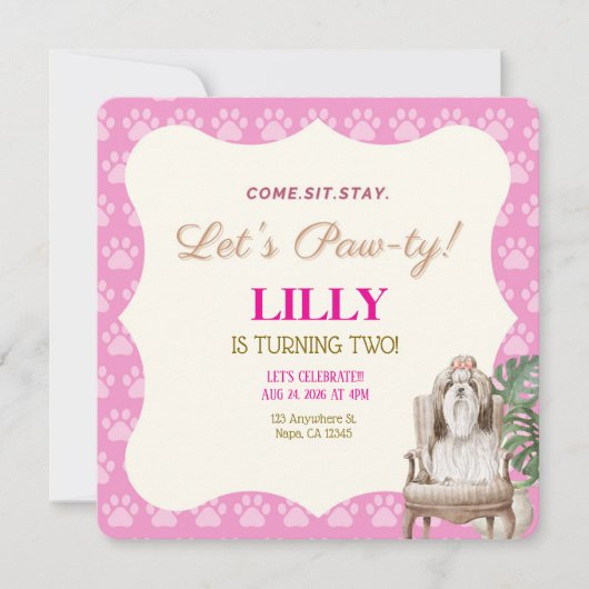 Roze Poot Hond Verjaardagsfeest Uitnodiging (Voorkant)