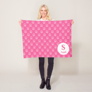 Roze Pootafdrukken Patroon Met Monogram & Naam Fleece Deken