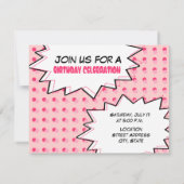 Roze Pop Art Birthday Party Invitation Kaart (Achterkant)