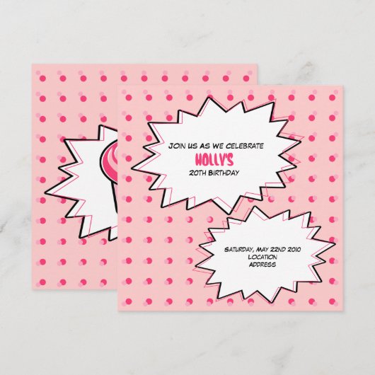 Roze Pop Art Cupcake Birthday Uitnodiging (Voorkant / Achterkant)