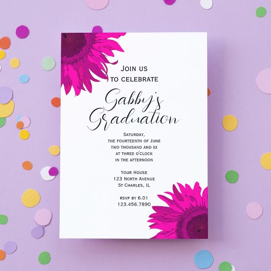 Roze Pop Art Flower Graduparty Invitation Kaart