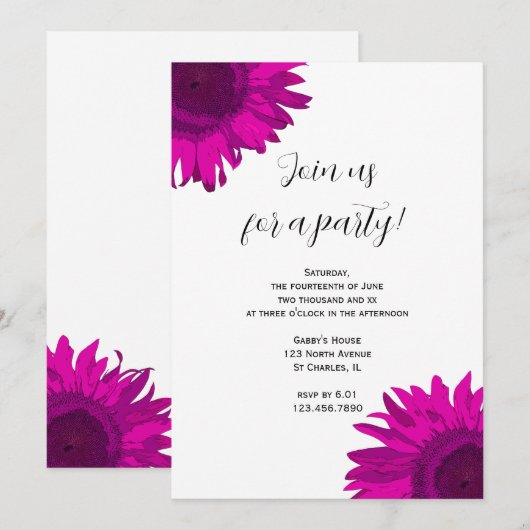 Roze Pop Art Sunflower Party Invitation Kaart (Voorkant / Achterkant)