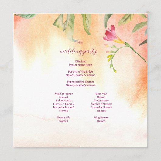 Roze Pop Freesia perzik bruiloft Programmakaart (Achterkant)