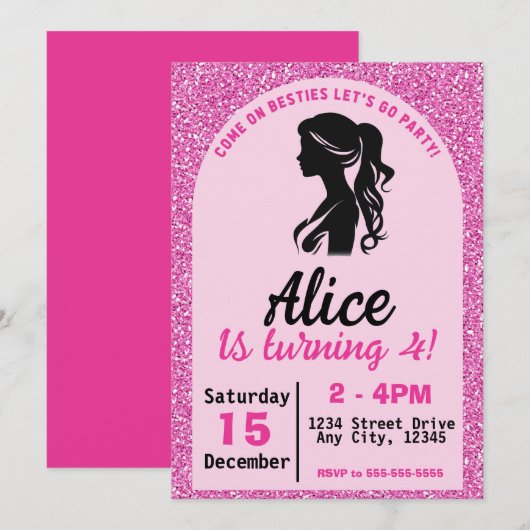 Roze Pop Meisje Verjaardag Uitnodiging (Voorkant / Achterkant)