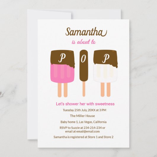 Roze pop Over Pop Baby shower uitnodiging (Voorkant)