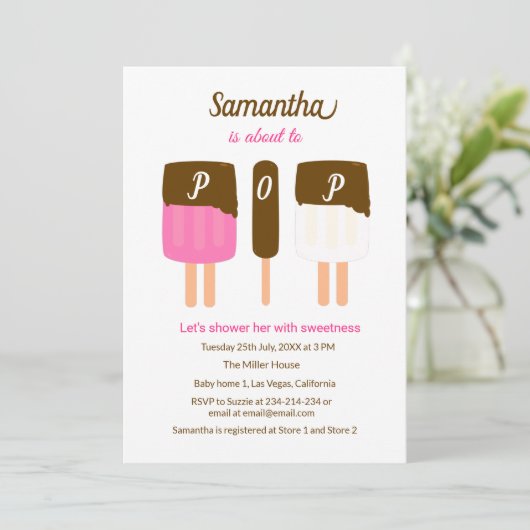 Roze pop Over Pop Baby shower uitnodiging (Staand voorkant)