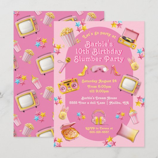 Roze Pop Speelgoed Slumber Sleepover Verjaardagsfe Kaart (Voorkant / Achterkant)