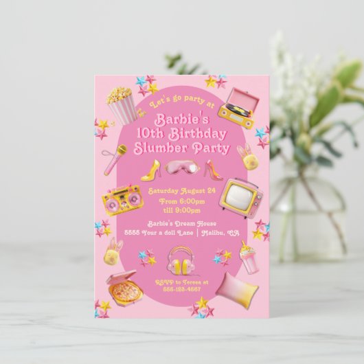 Roze Pop Speelgoed Slumber Sleepover Verjaardagsfe Kaart (Staand voorkant)