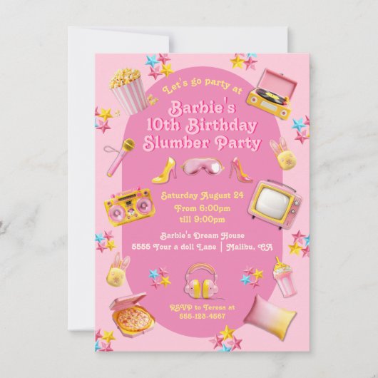 Roze Pop Speelgoed Slumber Sleepover Verjaardagsfe Kaart (Voorkant)