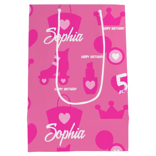 Roze Pop Verjaardagsfeestje, Aangepaste leeftijd,  Medium Cadeauzakje (Achterkant)