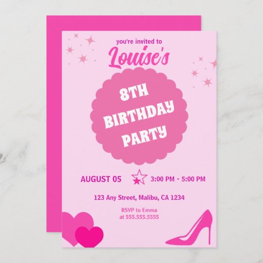 Roze Pop Verjaardagsfeestje, Meisje Kaart (Voorkant / Achterkant)