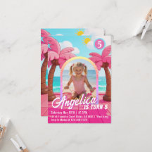 Roze Pop Verjaardagsuitnodiging voor op het Strand