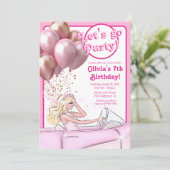 Roze popauto verjaardagsfeestje kaart (Staand voorkant)