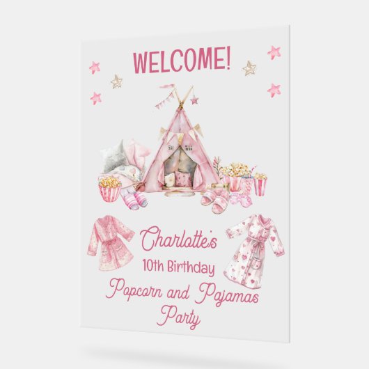 Roze Popcorn en Pyjama Slumber Verjaardagsfeest Acryl Bord (Hoek)