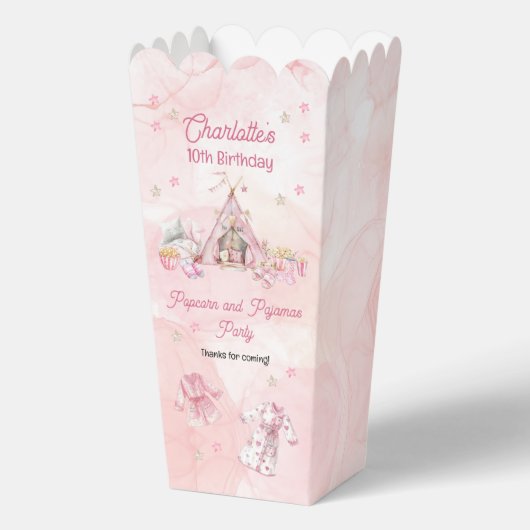 Roze Popcorn en Pyjama Slumber Verjaardagsfeest Bedankdoosjes (Voorkant)