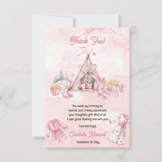 Roze Popcorn en Pyjama Slumber Verjaardagsfeest Bedankkaart (Voorkant)