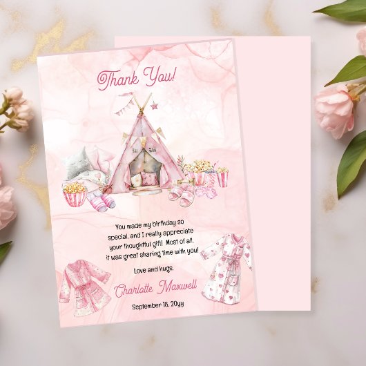 Roze Popcorn en Pyjama Slumber Verjaardagsfeest Bedankkaart