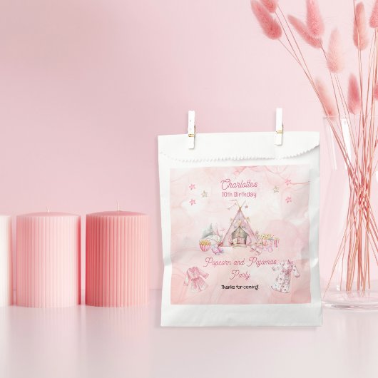 Roze Popcorn en Pyjama Slumber Verjaardagsfeest Bedankzakje