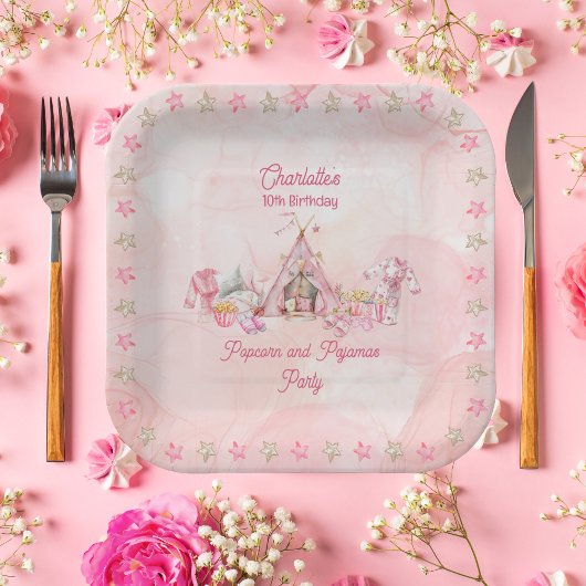 Roze Popcorn en Pyjama Slumber Verjaardagsfeest Papieren Bordje