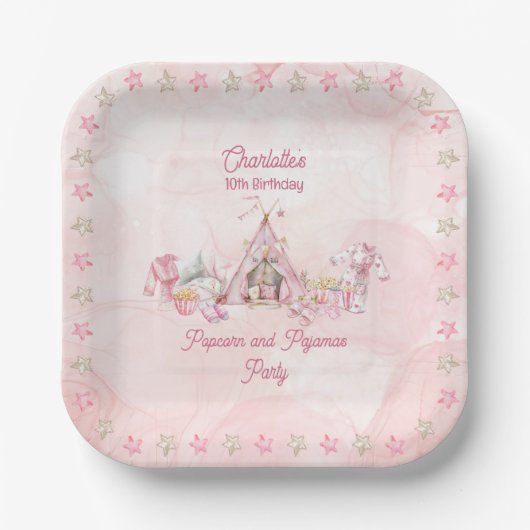 Roze Popcorn en Pyjama Slumber Verjaardagsfeest Papieren Bordje (Voorkant)