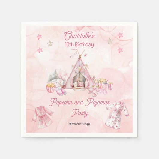 Roze Popcorn en Pyjama Slumber Verjaardagsfeest Servet (Voorkant)