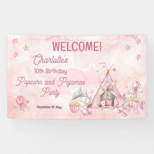 Roze Popcorn en Pyjama Slumber Verjaardagsfeest Spandoek (Horizontaal)