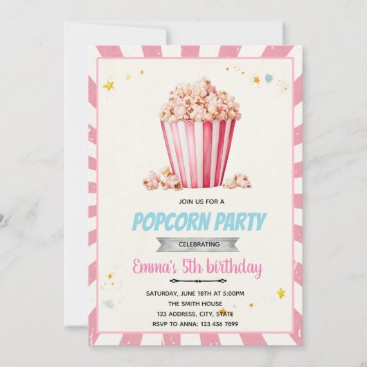 Roze popcorn feest uitnodiging (Voorkant)