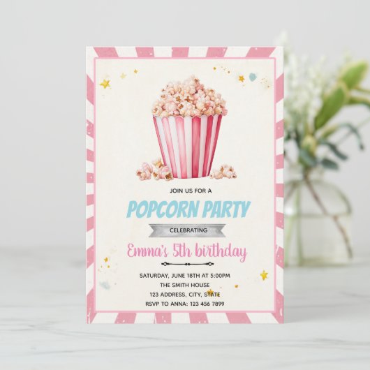 Roze popcorn feest uitnodiging (Staand voorkant)