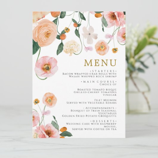 Roze Poppies Bloemen Bruiloft Menu (Staand voorkant)