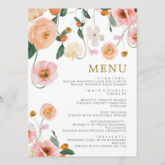 Roze Poppies Bloemen Bruiloft Menu (Voorkant)