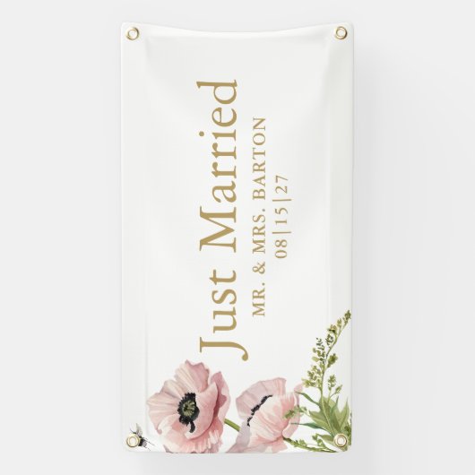 Roze Poppies net getrouwd auto banner (Verticaal)